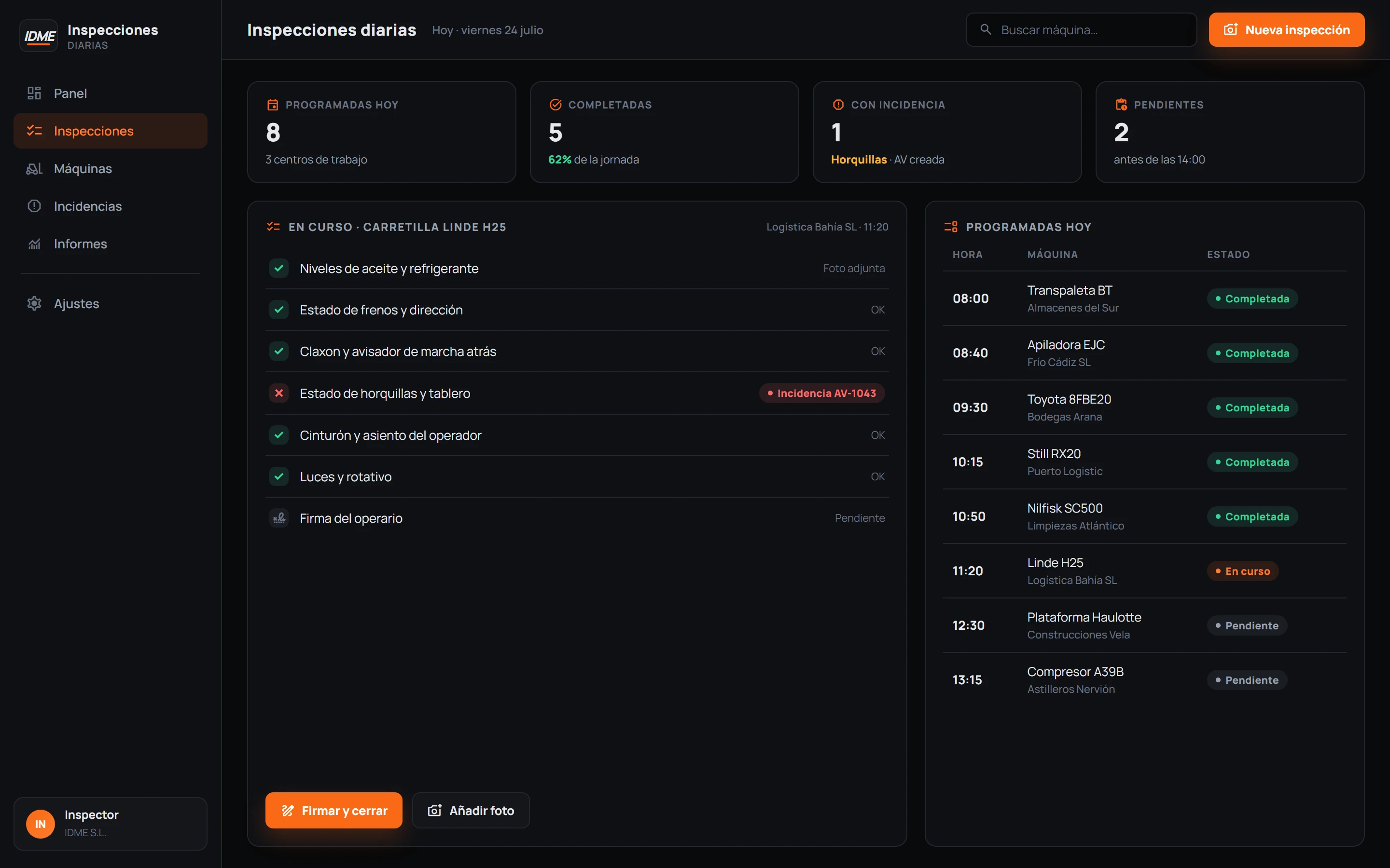 App de inspecciones diarias de maquinaria con checklist y estado