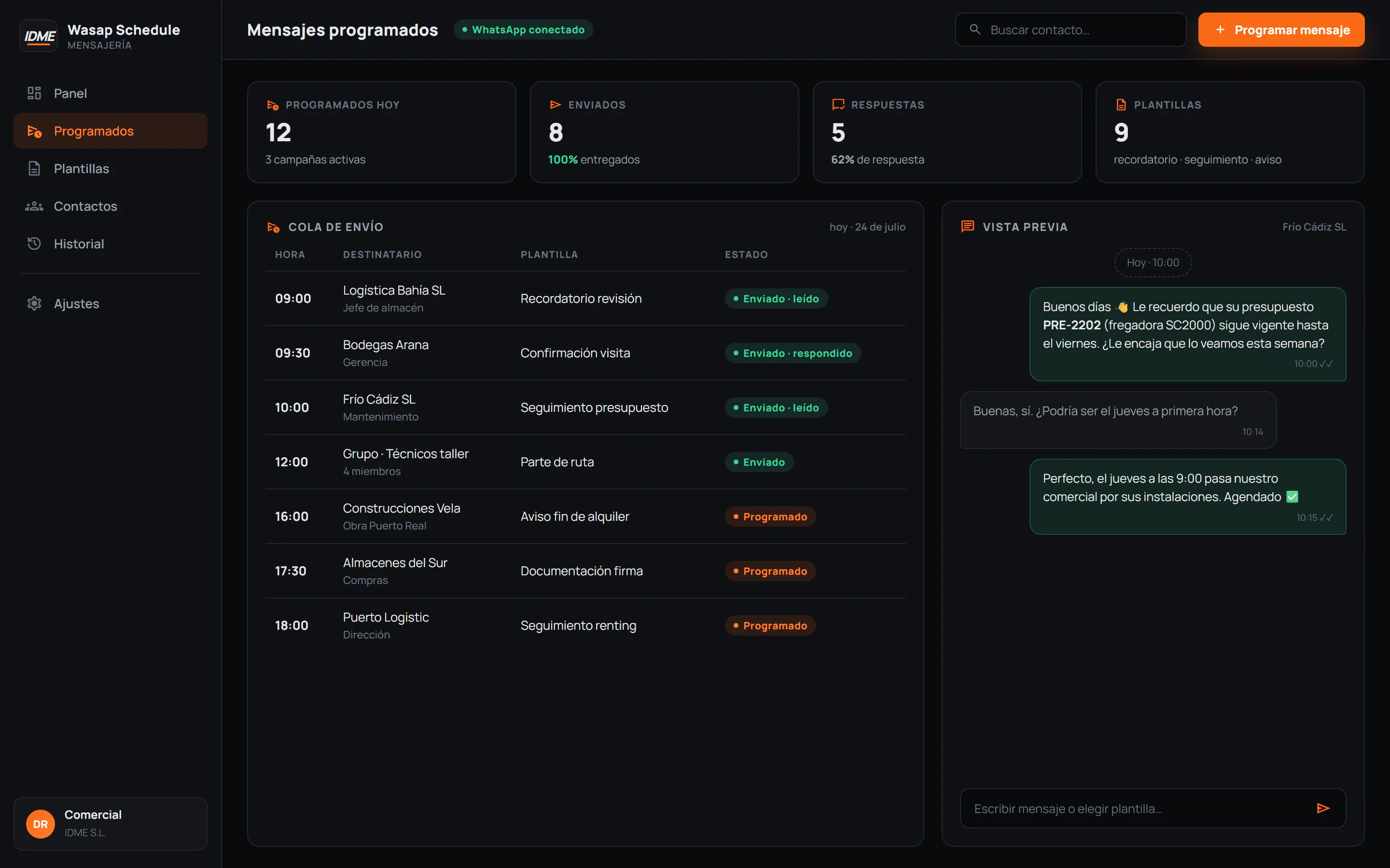 Programador de mensajes de WhatsApp con cola de envío y vista previa
